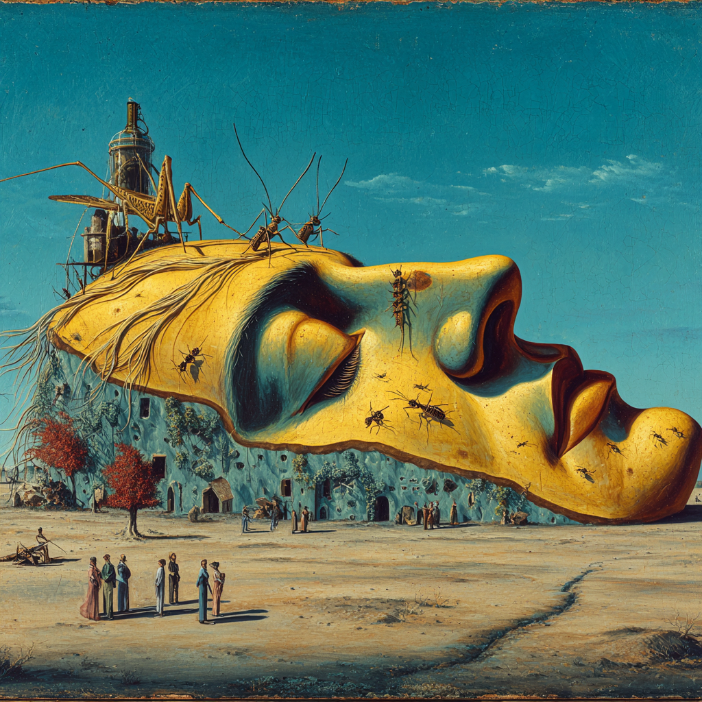 Ein surrealistisches Gemälde zeigt ein riesiges goldenes Gesicht, das halb in den Wüstenboden eingebettet ist und von Insekten und Heuschrecken bedeckt wird, während kleine Menschenfiguren im Vordergrund stehen.

