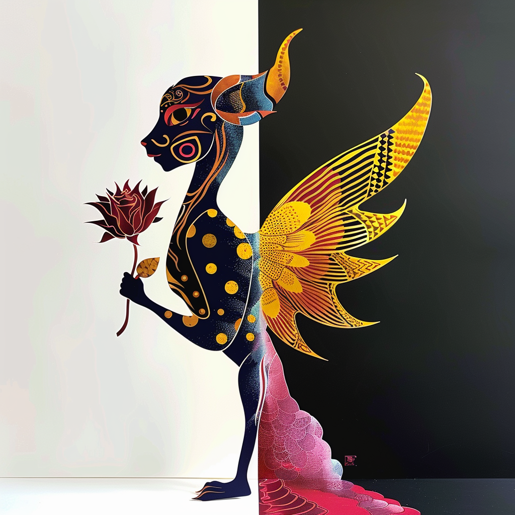 Abstraktes, mythologisches Wesen mit Hörnern und Flügeln in leuchtenden Farben, das eine Blume hält; dargestellt vor einem Hintergrund aus Schwarz und Weiß, als Symbol für Dualität und Balance.
