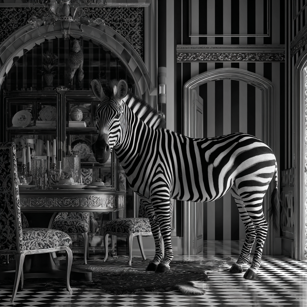 zebra steht in elegant eingerichteten salon mit streifenmuster
