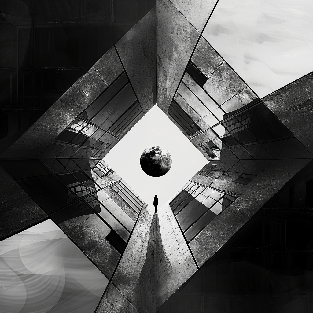 schwarzweiß komposition mit geometrischen gebäuden figur und mond im zentrum
