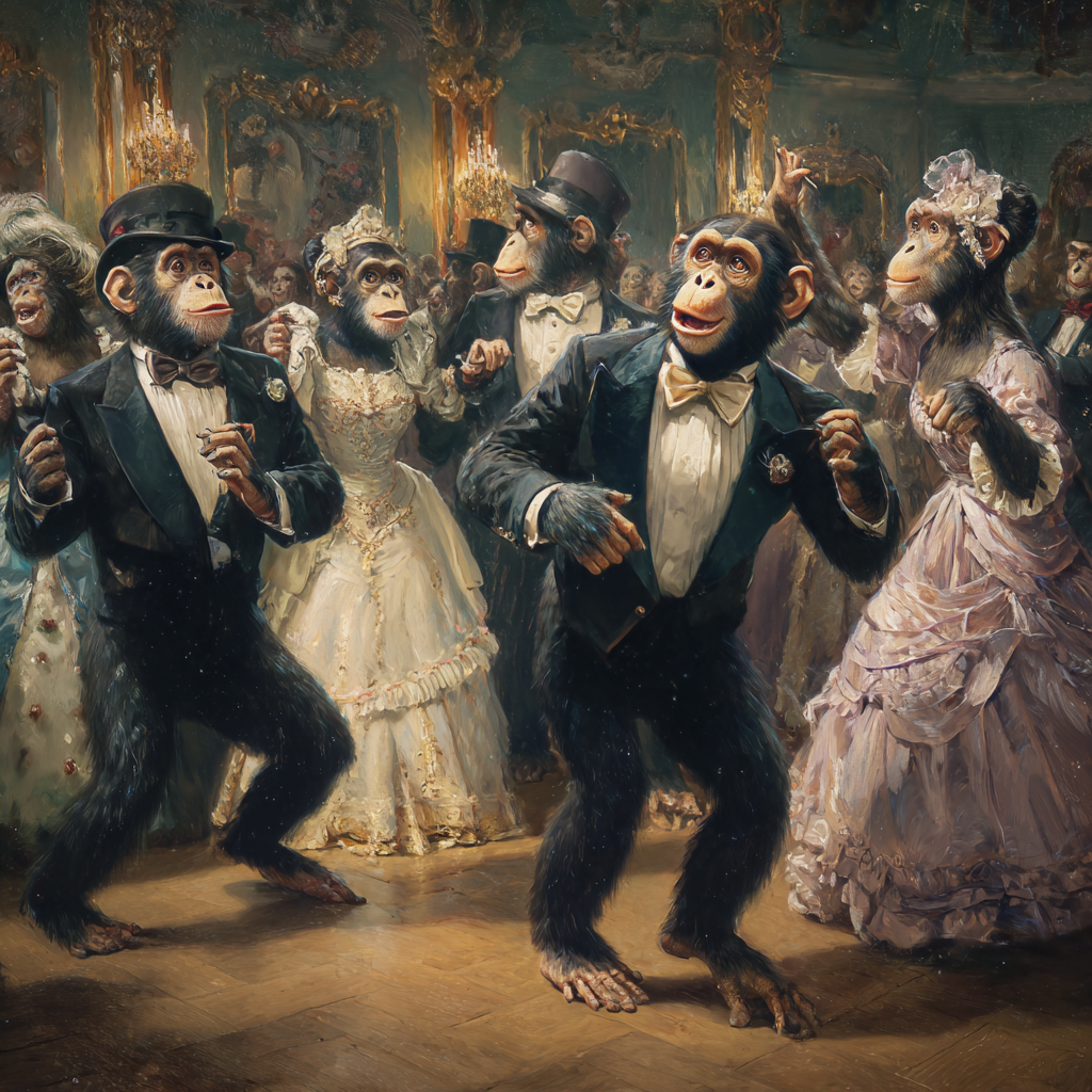 Elegante Affen in viktorianischen Ballroben tanzen in einem prunkvollen Ballsaal – humorvolle und detailreiche Szene im klassischen Malstil.
