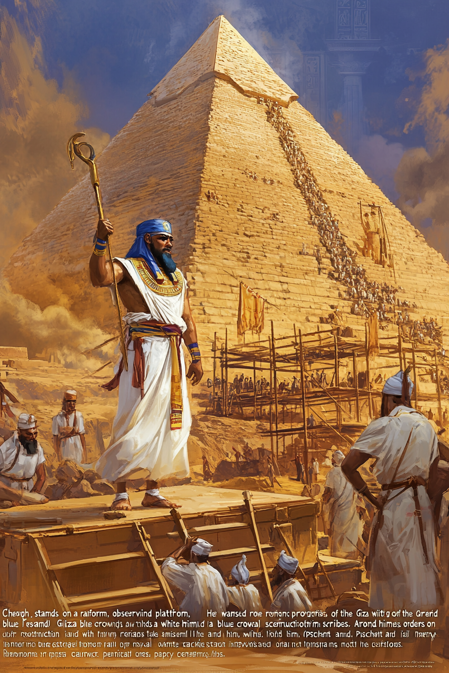 aegyptischer architekt vor grosser pyramide in der wueste
