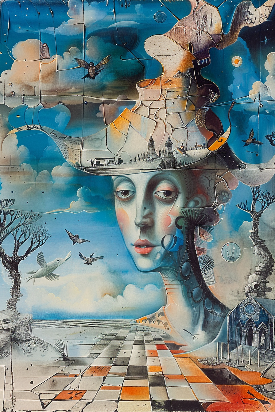 surrealistisches porträt mit wolken, vögeln und architektonischen formen
