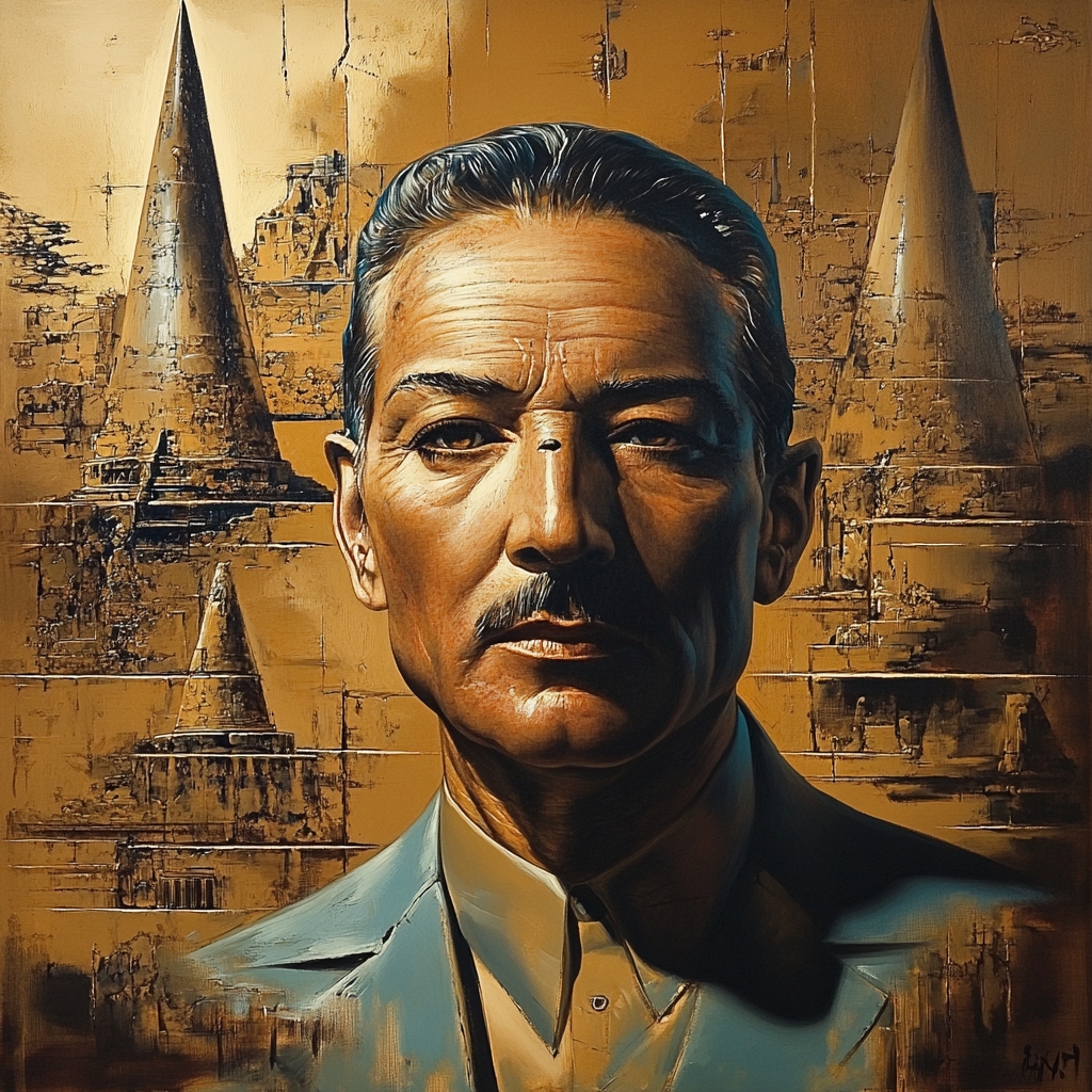 Porträt eines Mannes mit ernstem Ausdruck vor einer goldenen, pyramidenartigen Kulisse – eine Mischung aus Realismus und Symbolismus.
