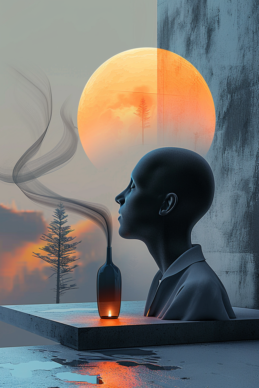 minimalistische figur in profilansicht vor flamme und sonne in bläulicher landschaft
