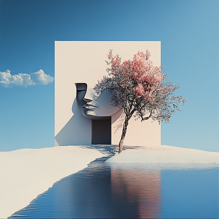 surrealistische szene mit gesicht in wand und blühendem baum vor wasserfläche
