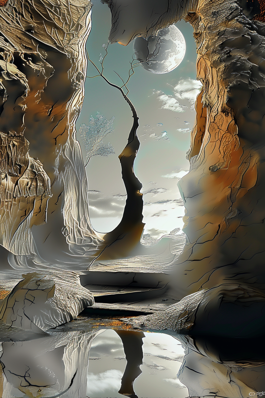 surreale felslandschaft mit mond und spiegelung im wasser

