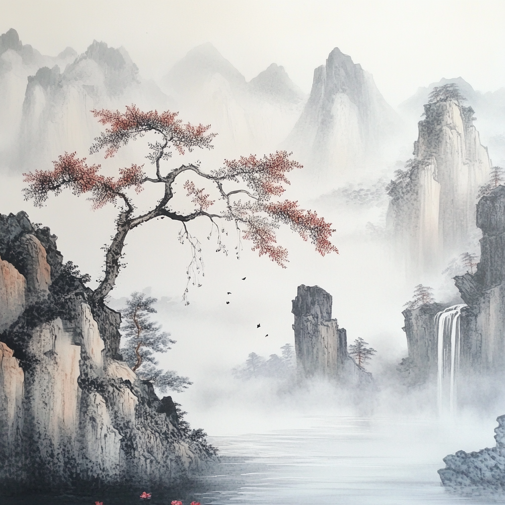 asiatische tuschmalerei mit bergen, wasserfall und nebel
