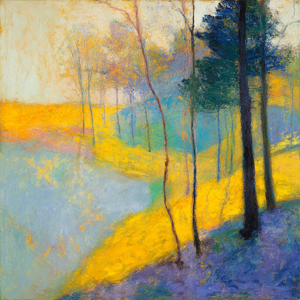 impressionistische landschaft mit baeumen und farben in gelb blau und violett

