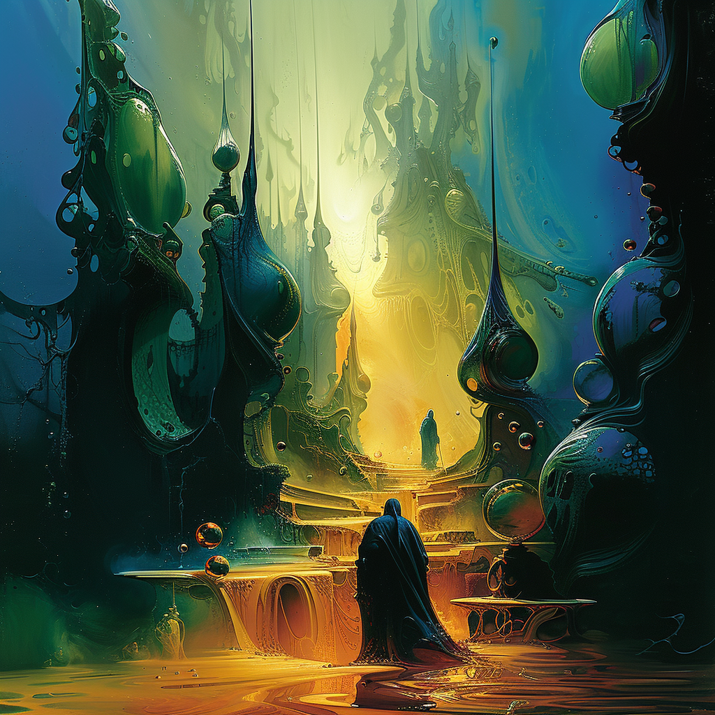 Zwei verhüllte Figuren steigen eine leuchtende Treppe empor, umgeben von organischen Strukturen in Grün, Blau und Gold.
