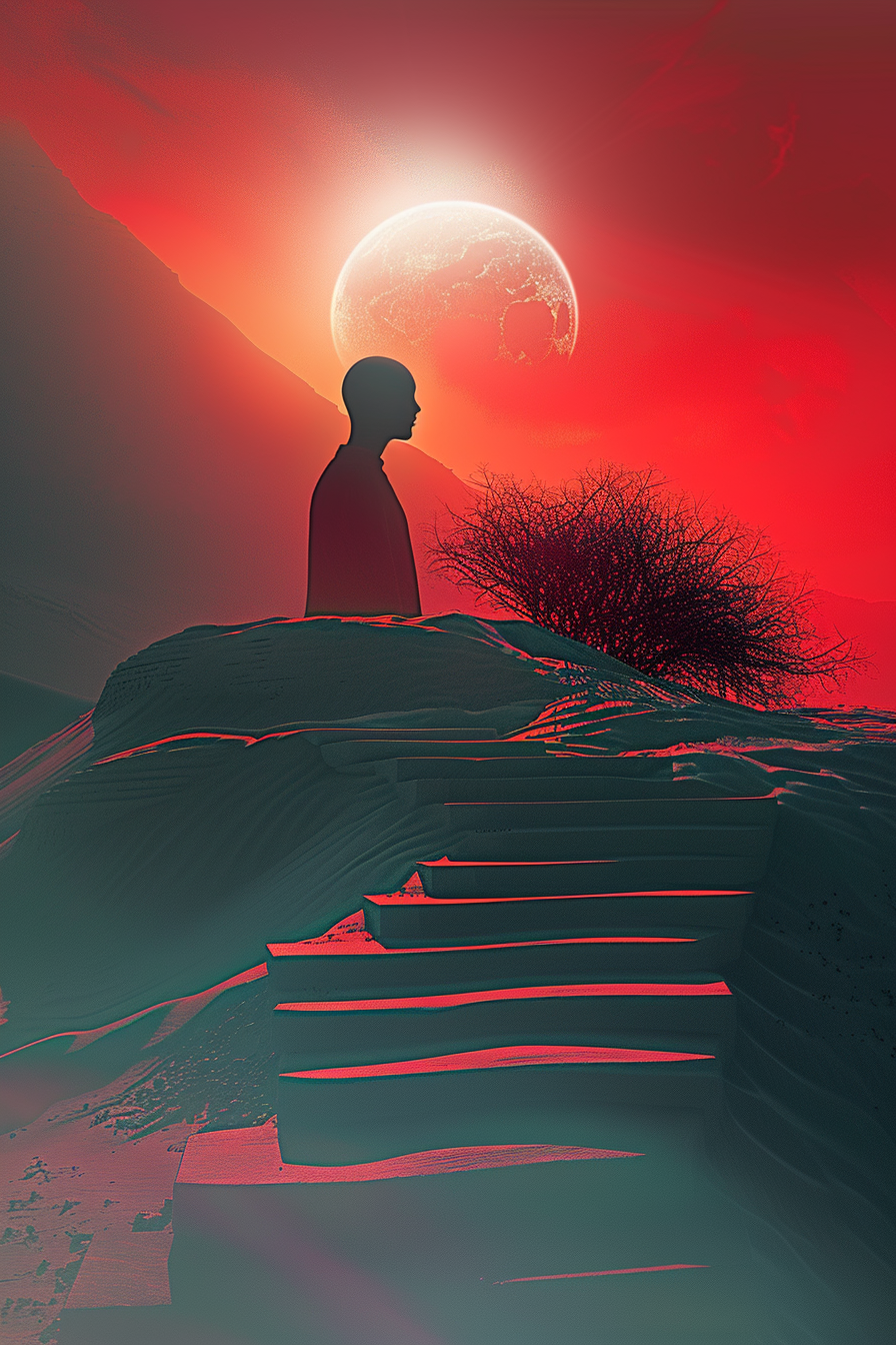 surrealistische landschaft mit figur auf einer treppe unter einem roten himmel und einem mond
