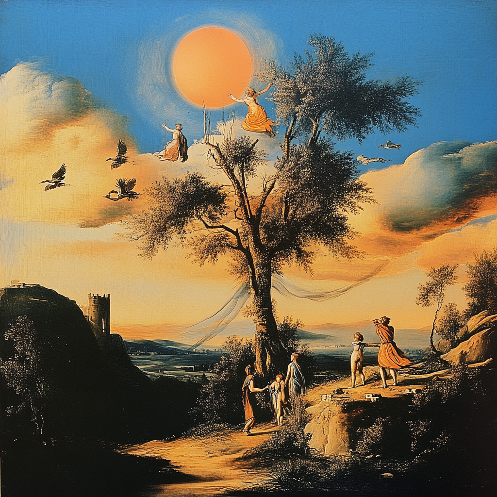 Surreale Landschaft mit Figuren, die sich einer leuchtenden Sonne nähern – schwebend zwischen Himmel und Erde, umgeben von goldenen Wolken und Vögeln im Flug.
