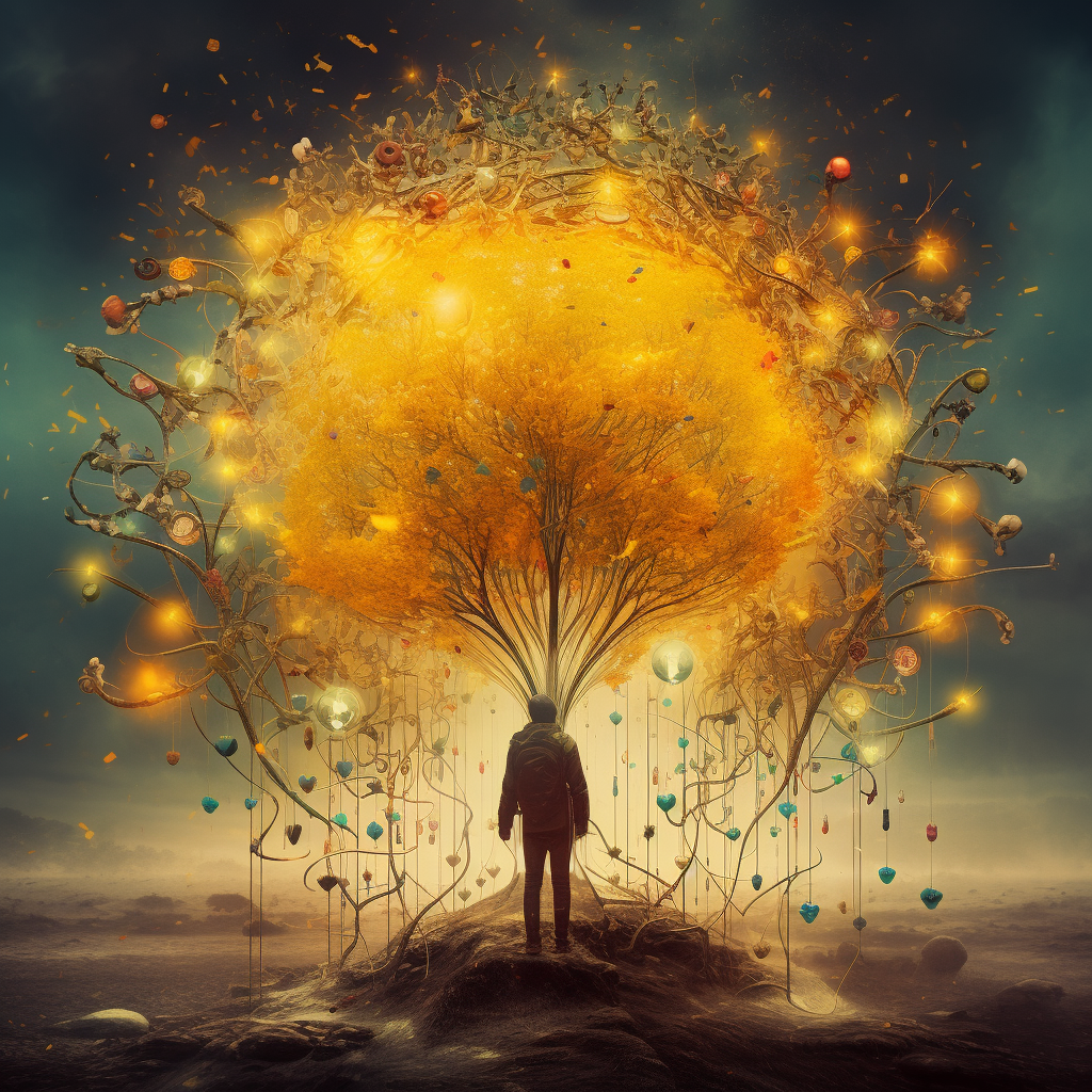 person steht vor leuchtendem goldenen baum in traumhafter landschaft
