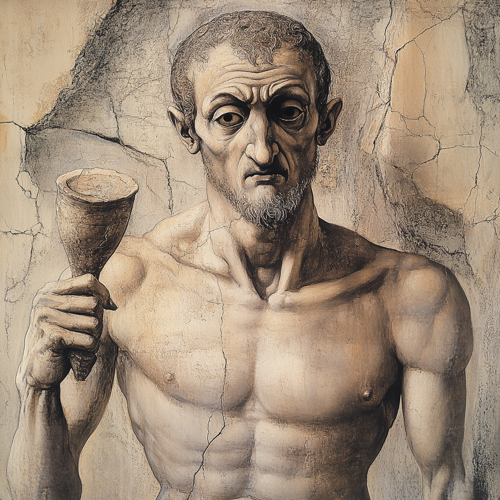 Ein halb nackter, gealterter Mann mit ernster Miene hält einen Becher in der rechten Hand. Sein Körper ist sehnig und von Rissen und Schatten durchzogen, die an verwitterten Stein erinnern.
