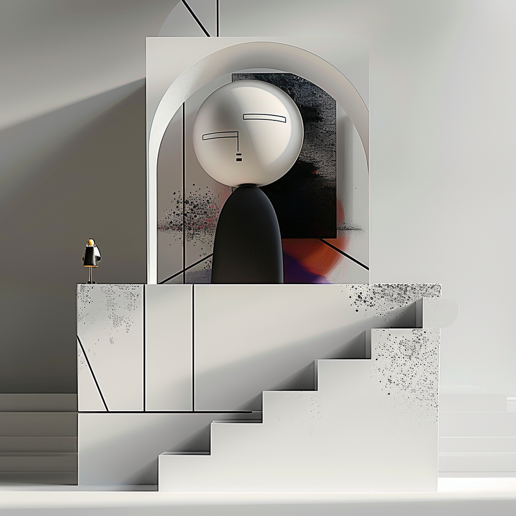 Abstrakte Figur mit kugelförmigem Kopf in geometrischer Architektur aus Weiß- und Grautönen
