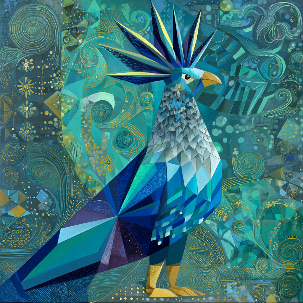 Abstraktes Gemälde eines geometrisch gestalteten blauen Vogels mit kunstvollen Mustern und leuchtenden Akzenten in Türkis-, Blau- und Goldtönen.

