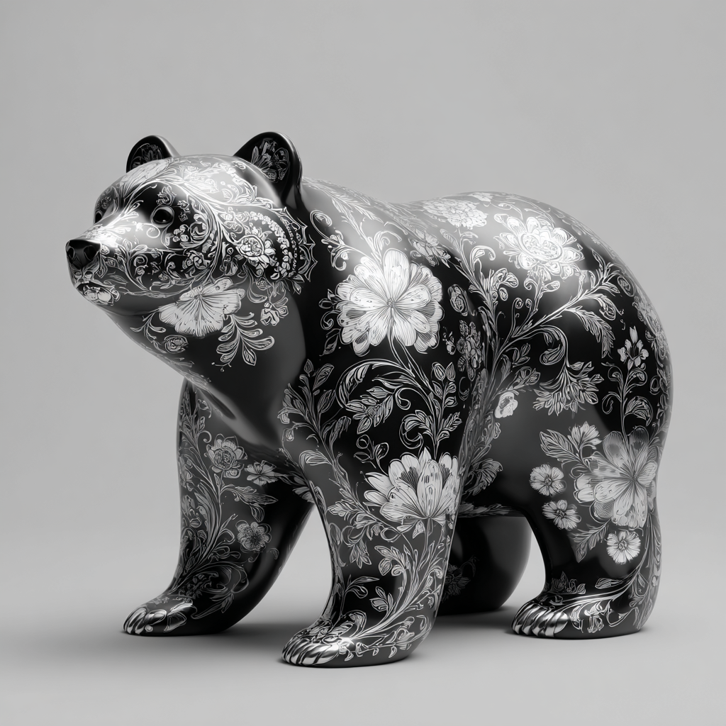 Eine glänzende schwarze Bärenstatue, kunstvoll mit weißen floralen Mustern und Ornamenten verziert, steht auf neutralem Hintergrund.
