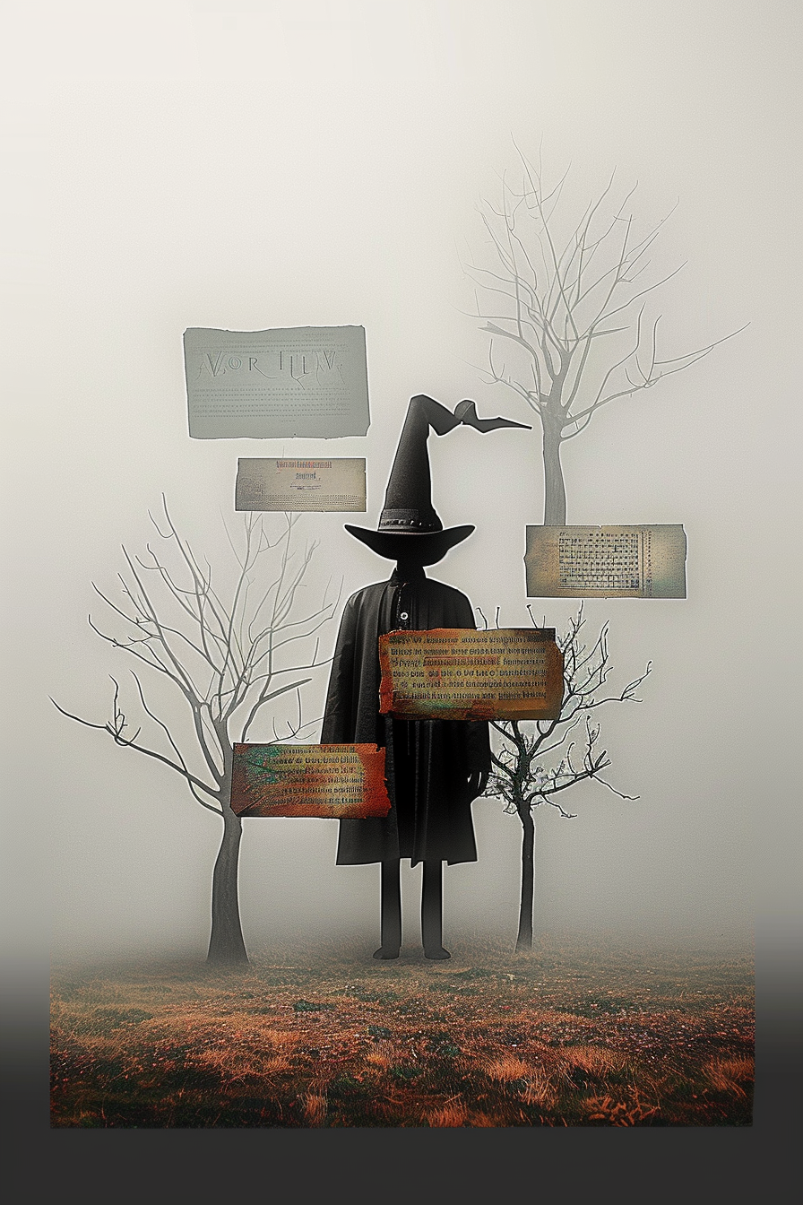 Düstere, surreale Szene mit einer schlanken, dunklen Figur in einem hohen spitzen Hut, umgeben von kahlen Bäumen und schwebenden Texttafeln in einer nebligen Landschaft.
