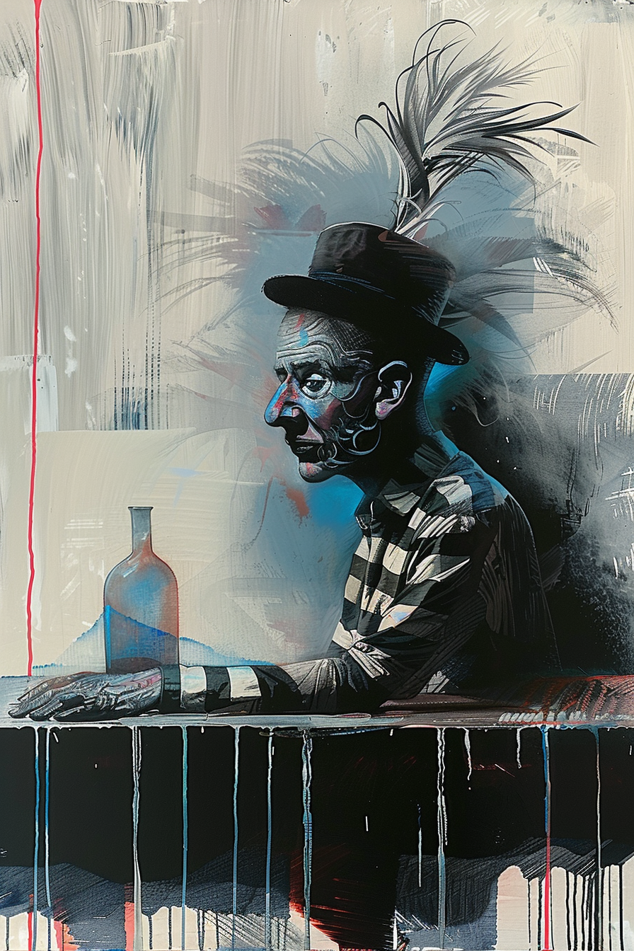 porträt eines mannes mit hut und feder an einem tisch
