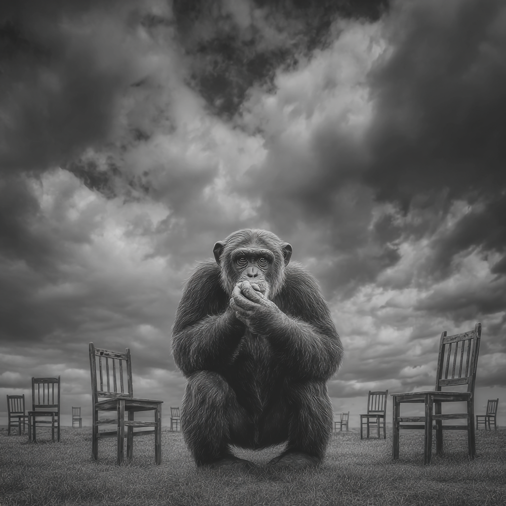 Ein nachdenklicher Schimpanse sitzt in einer surrealen Landschaft voller leerer Stühle unter einem dramatisch bewölkten Himmel, in Schwarz-Weiß gehalten.
