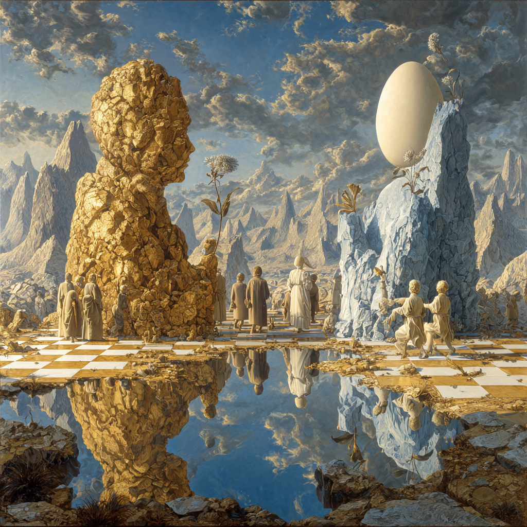 Ein surrealistisches Gemälde zeigt eine goldene Felsenskulptur in Form eines Kopfes gegenüber einem blauen Felsen mit einem riesigen Ei darauf, umgeben von Figuren auf einem Schachbrettboden in einer Gebirgslandschaft.
