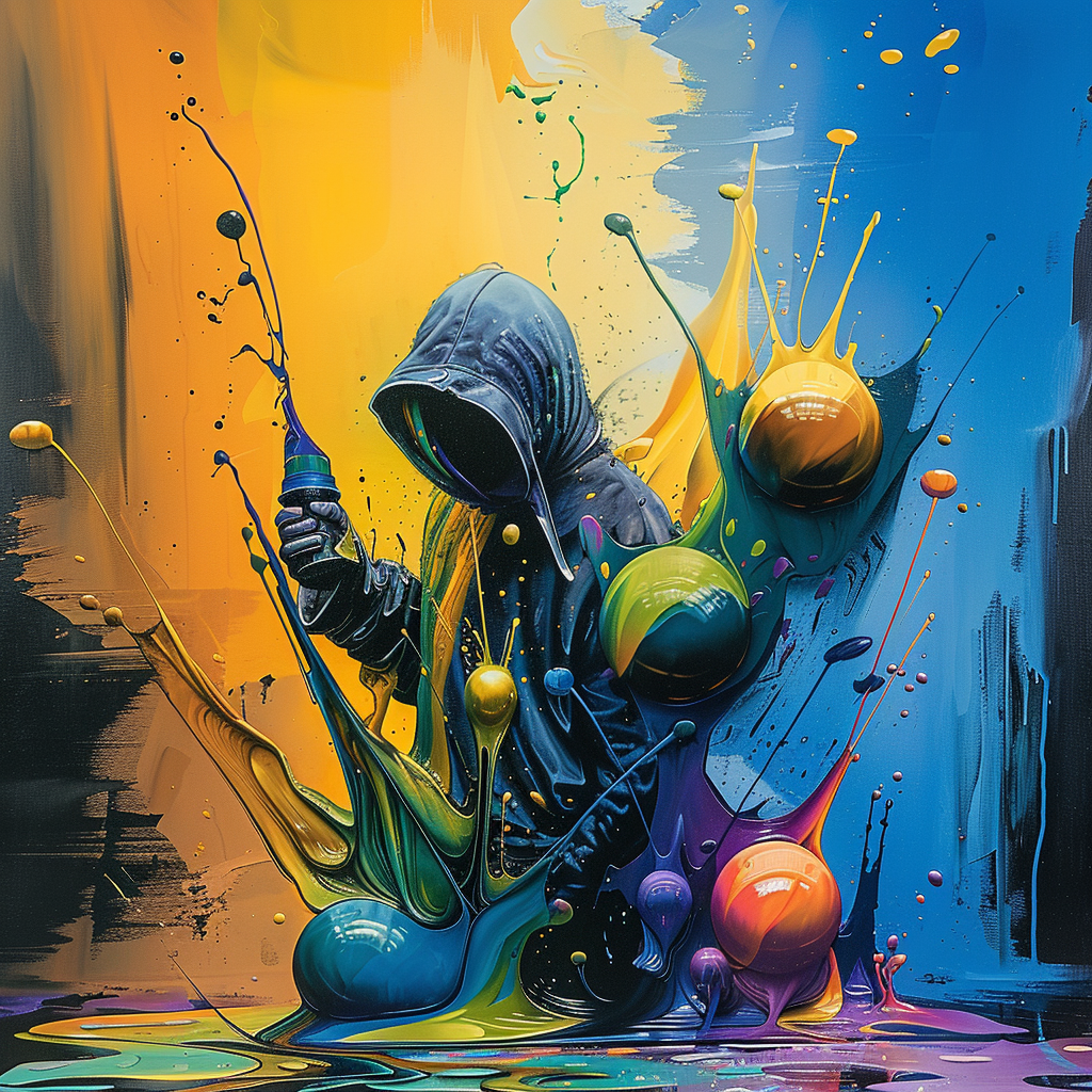 Figur mit Kapuze sprüht leuchtende Farbexplosionen in Blau, Gelb und Orange – moderne Streetart.
