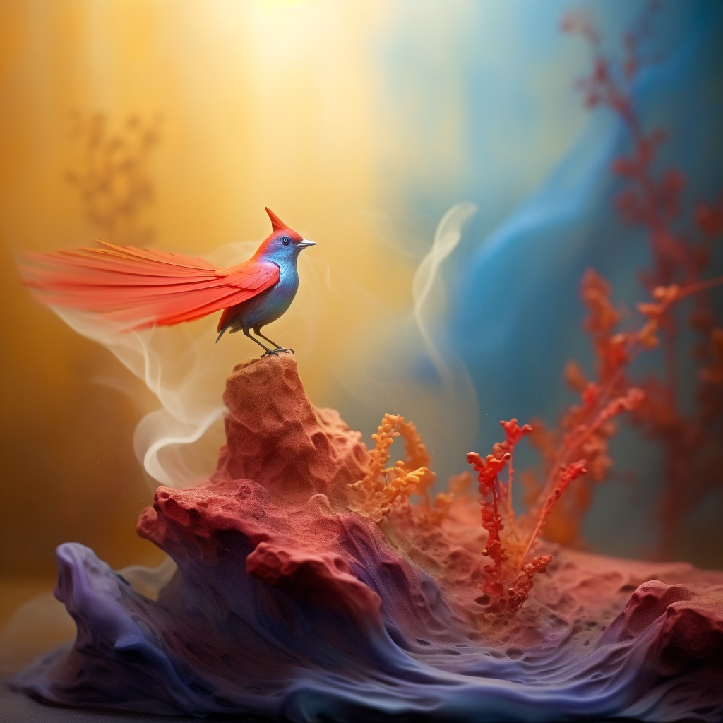 Ein leuchtend roter und blauer Vogel steht auf einem Felsen aus farbigen Gesteinsformen, umgeben von sanftem Rauch und goldenem Licht – eine surreale, träumerische Szene.
