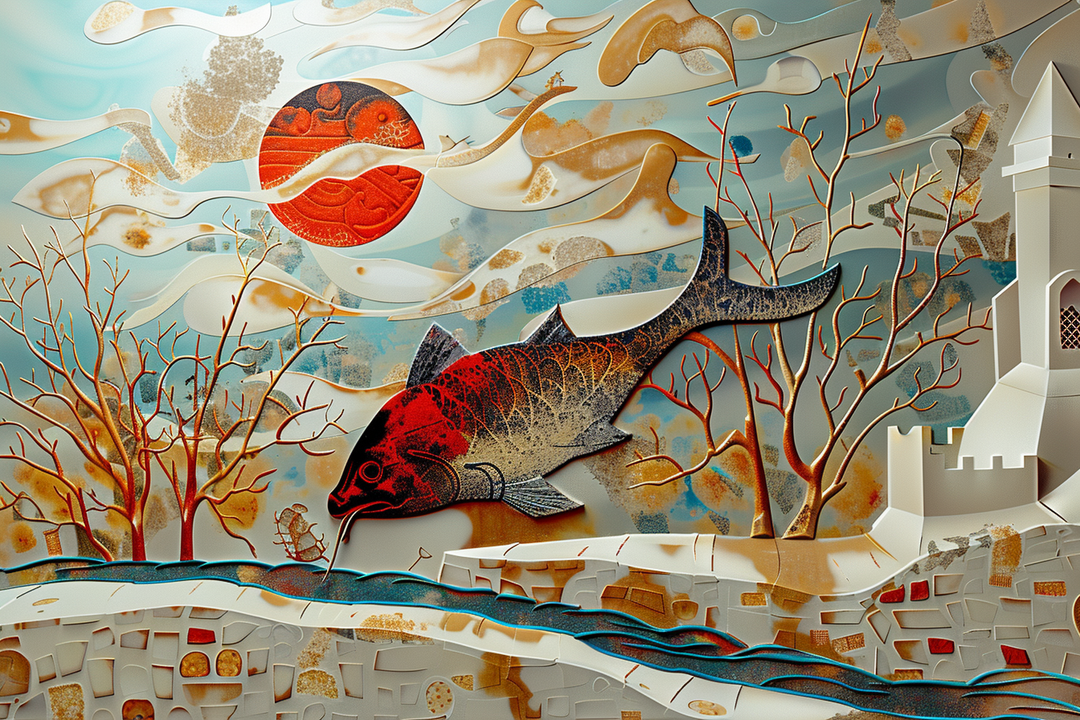 Ein surrealistisches Bild zeigt einen großen, rot-schwarzen Fisch, der durch eine Landschaft mit kahlen Bäumen und einer Mauer schwimmt. Über ihm ziehen helle, wolkenartige Formen vor einer tiefroten Sonne vorbei. Die Farbpalette verbindet warme Gold-, Rot- und Blautöne in einer stilisierten, reliefartigen Komposition.
