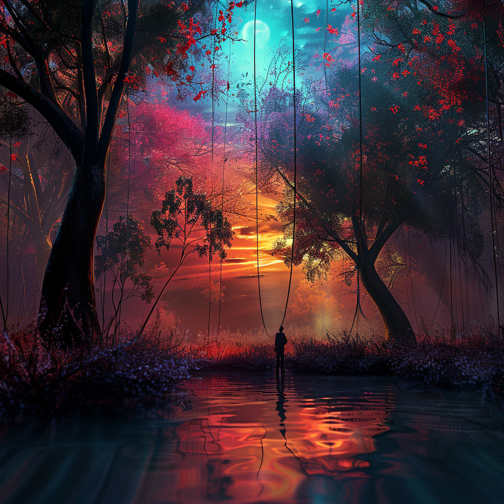 Eine Person steht am Ufer eines stillen Flusses, umgeben von leuchtenden Bäumen in Rot, Violett und Blau unter einem magischen Sonnenuntergang.
