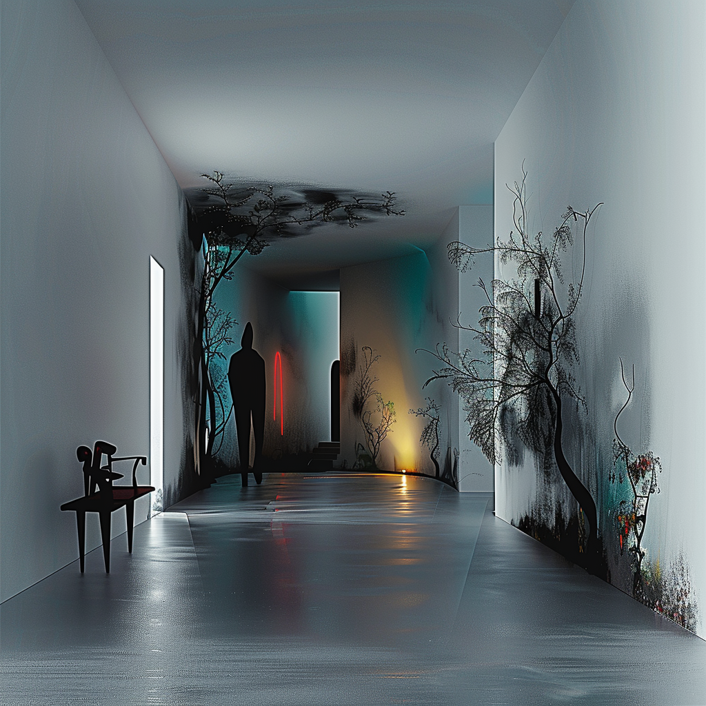 Surreale Innenraumszene mit Schattenfigur, Lichtakzenten und Bäumen, die aus den Wänden wachsen.
