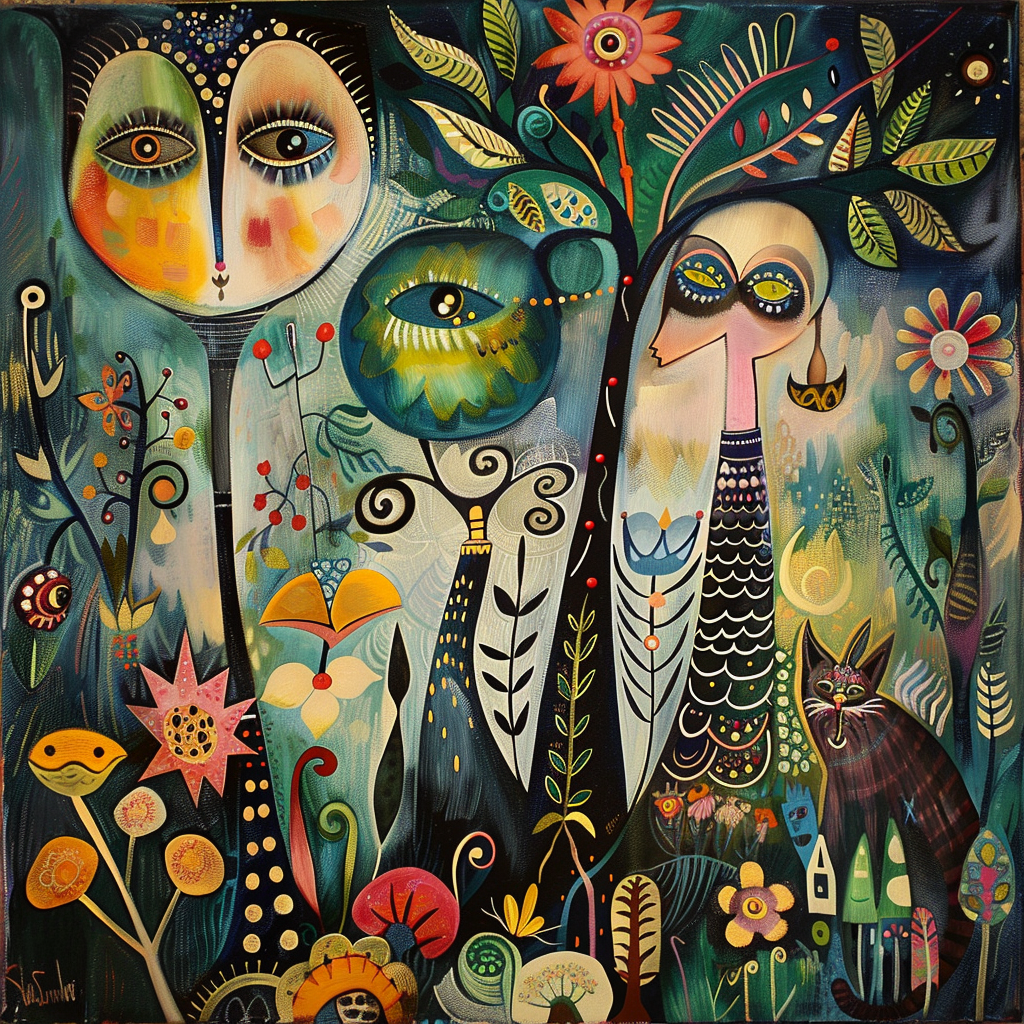 Verspieltes, farbenfrohes Gemälde mit fantasievollen Figuren, großen Augen, Blumen und Pflanzen in leuchtenden Farben; surrealer Garten voller Symbolik und Lebendigkeit.
