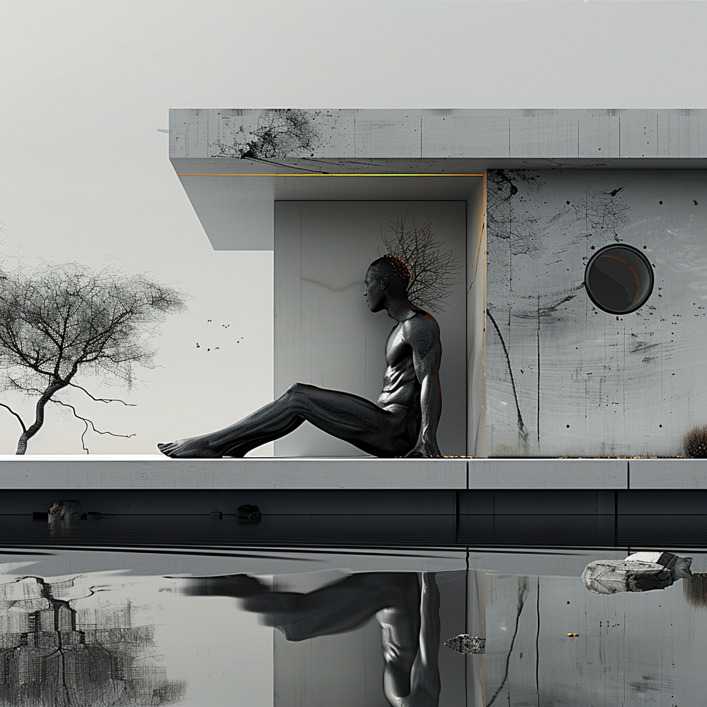 schwarze skulptur sitzt vor modernem betonbau am wasser
