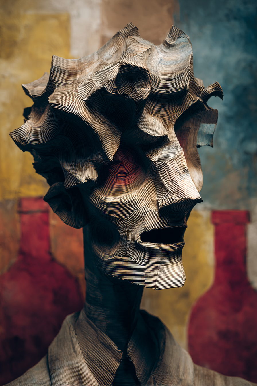 skulpturales portrait mit strukturierter holzoptik und abstrakten formen im hintergrund
