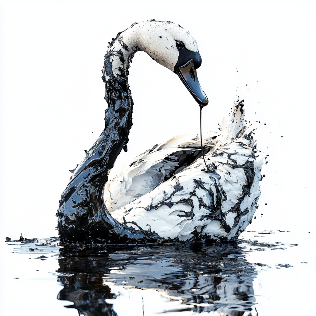 Ein weißer Schwan, teilweise mit schwarzer Tinte bedeckt, sitzt im dunklen Wasser – ein intensives Symbol für Schönheit, Reinheit und Zerstörung.

