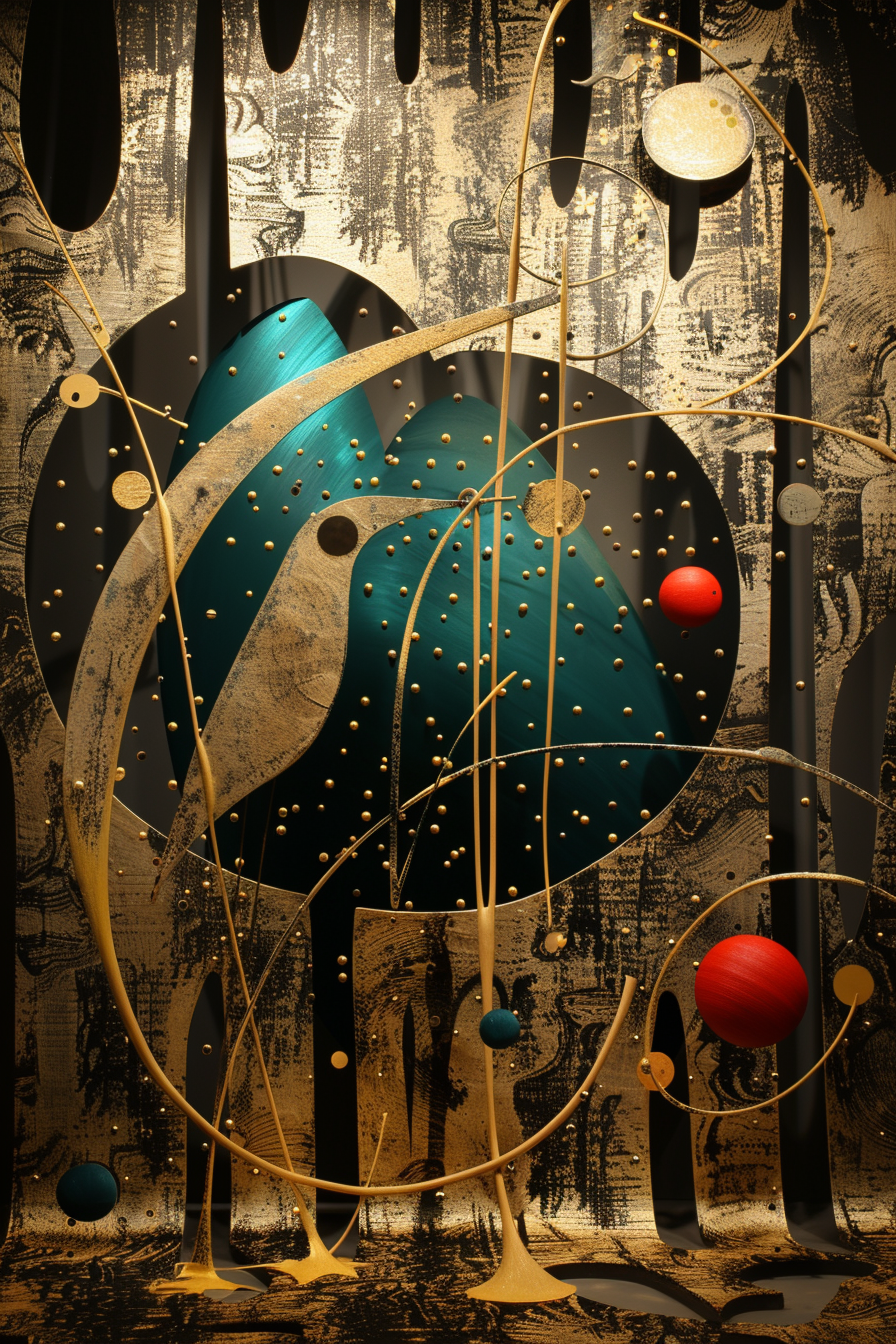 abstraktes kunstwerk mit vogel, goldenen linien und planetenartigen kugeln auf dunklem hintergrund
