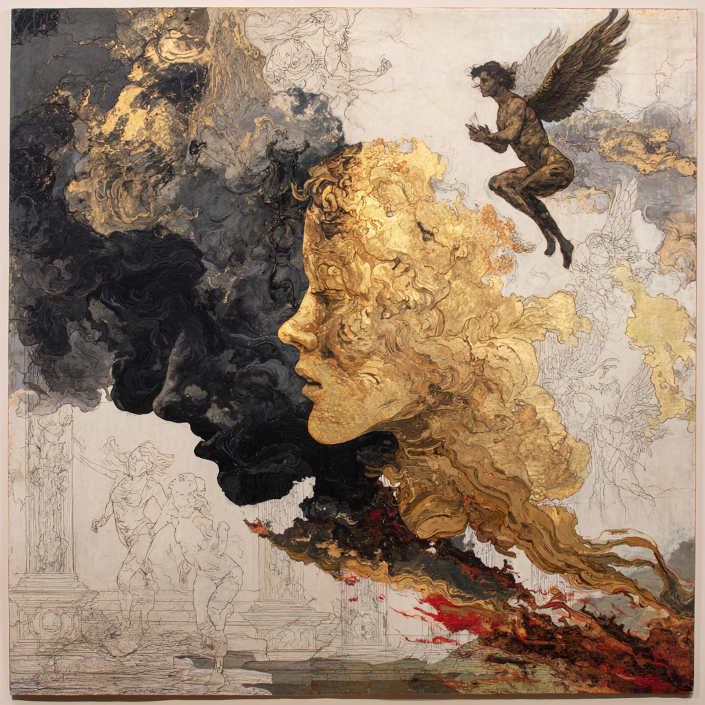 goldene frauenbüste mit rauch und fliegender figur in mythologischer szene
