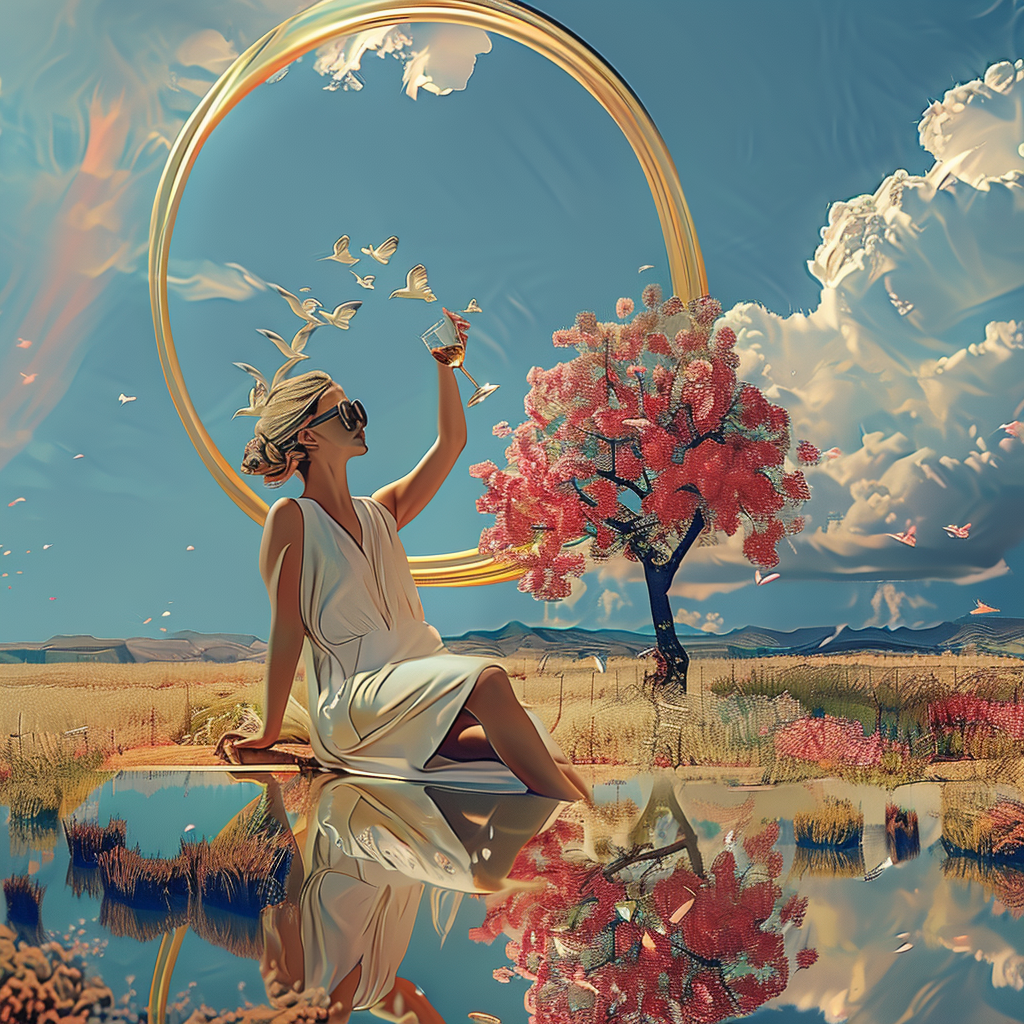 surrealistische szene mit frau in weißem kleid, glas in der hand, rosa baum und goldener ring unter blauem himmel
