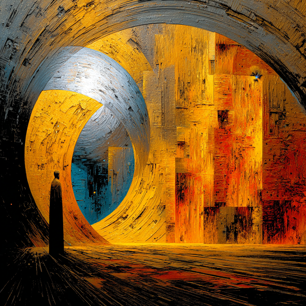 Abstraktes Kunstwerk mit goldenen und orangefarbenen Strukturen, spiralförmigen Formen und einer kleinen Figur in einem leuchtenden, futuristischen Raum.
