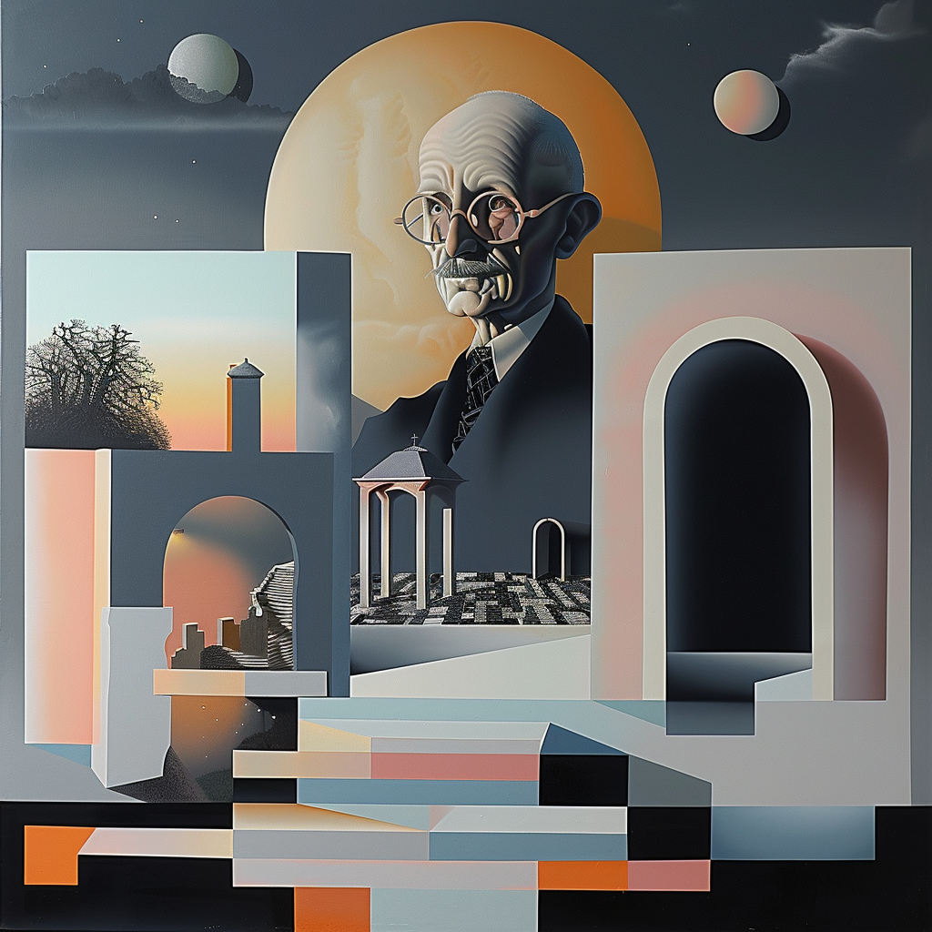 Surreales Gemälde mit einem älteren Mann vor architektonischen Bögen und Himmelskörpern in weichen Pastell- und Grautönen.
