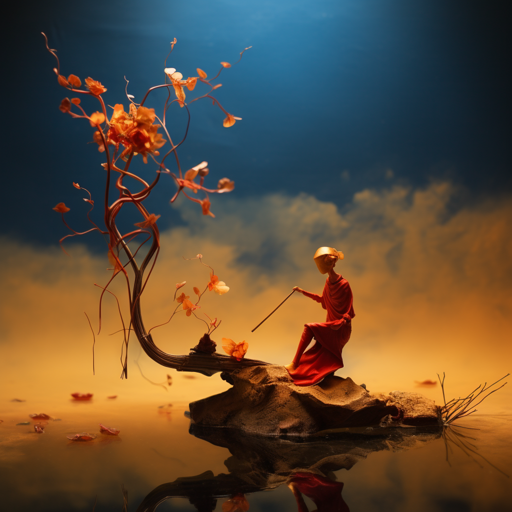 Eine in Rot gekleidete Figur sitzt auf einem Felsen unter einem filigranen Baum mit goldenen Blättern, umgeben von einem warmen, nebligen Licht – eine friedvolle, surreale Abendstimmung.
