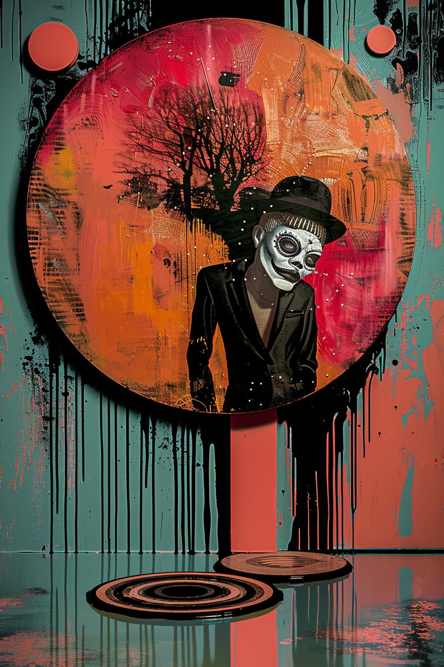 Surreales Porträt einer Figur mit Skelettmaske und Hut, in einem Kreis aus orangen und schwarzen Farbtönen. Hinter ihr erscheinen Bäume und abstrakte Muster, während Farblinien über den Hintergrund fließen – geheimnisvoll und symbolisch.
