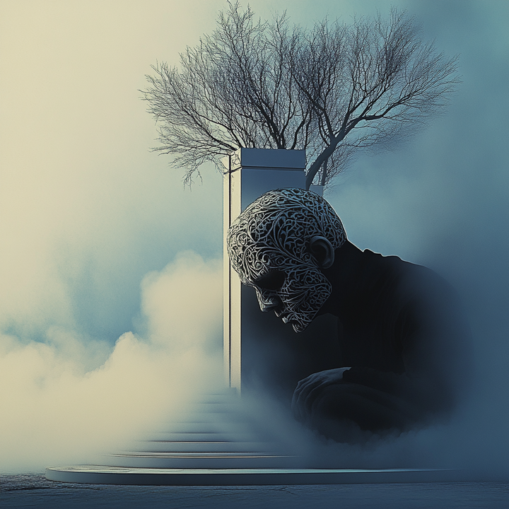 dunkle skulptur eines menschen mit ornamenten auf dem kopf vor nebliger tür und baum
