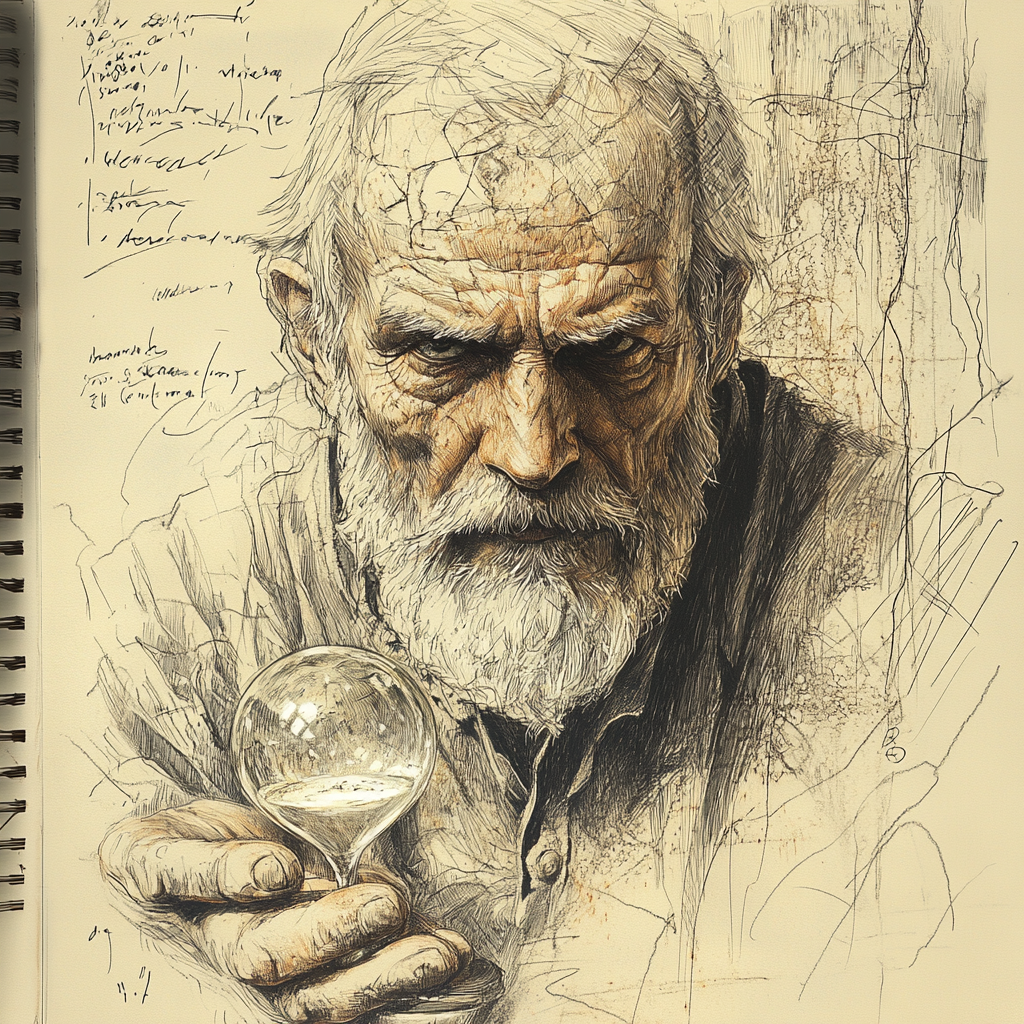 detailreiches portraet eines alten mannes mit sanduhr in der hand
