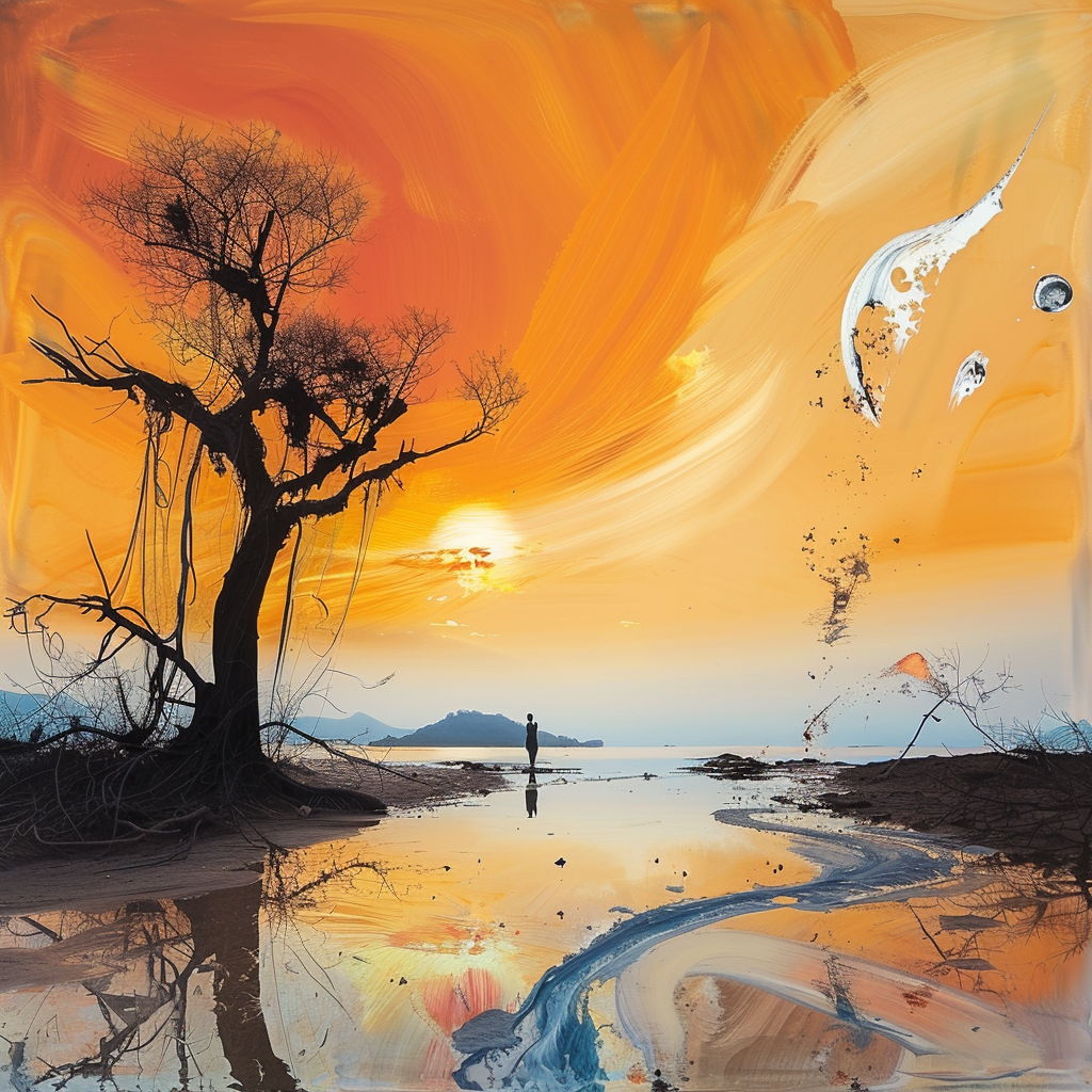 Surreale Landschaft mit leuchtend orangefarbenem Himmel, einsamer Figur am Wasser und einem Baum mit Wurzeln im Sand.
