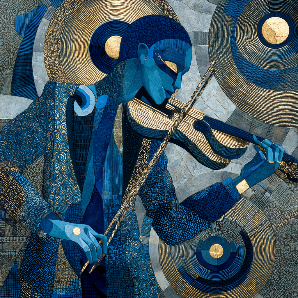 abstraktes gemälde in blau und gold mit geiger der eine violin spielt
