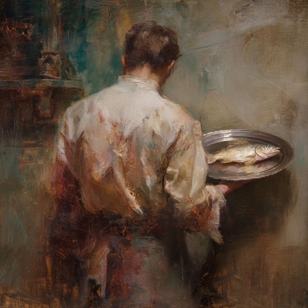 Ein Mann in einem weißen, verschmutzten Mantel hält ein silbernes Tablett mit einem Fisch, gemalt in warmen, impressionistischen Farbtönen.
