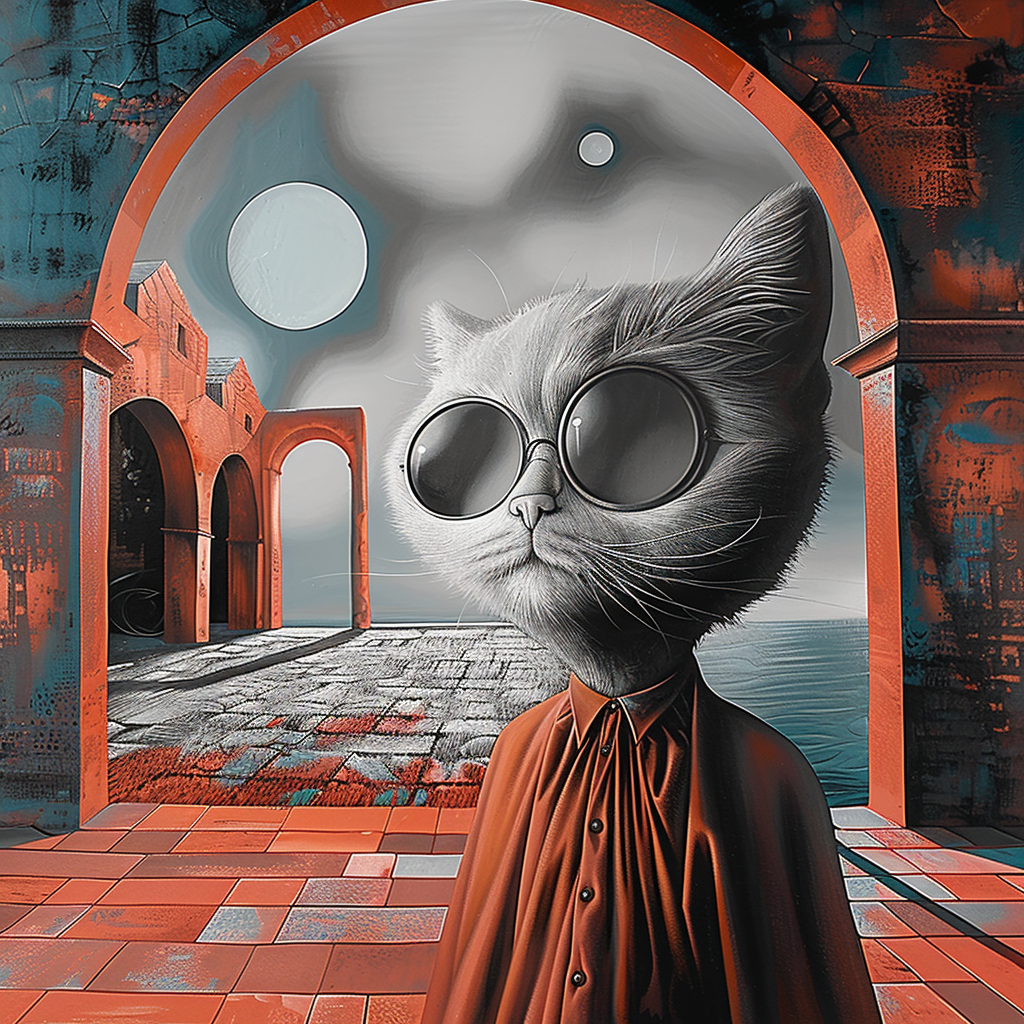 Surreales Porträt einer katzenähnlichen Figur mit Sonnenbrille und Hemd in architektonischer Umgebung. Rote Bögen, gepflasterter Boden und eine Küstenszene mit Monden schaffen eine traumhafte, verspielte Atmosphäre.

