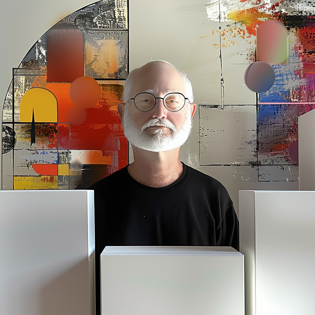 Porträt eines älteren Mannes mit weißem Bart und Brille vor abstrakter, geometrischer Kunstwand
