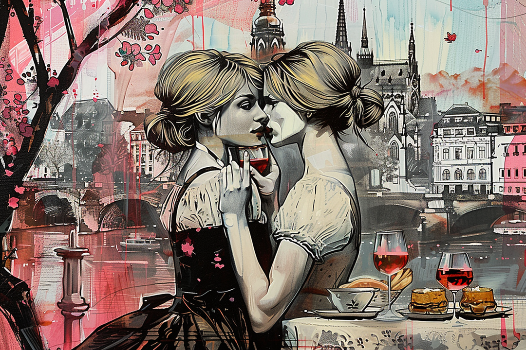 zwei kinder kuessen sich vor bunter stadtlandschaft mit bruecke und tuerme
