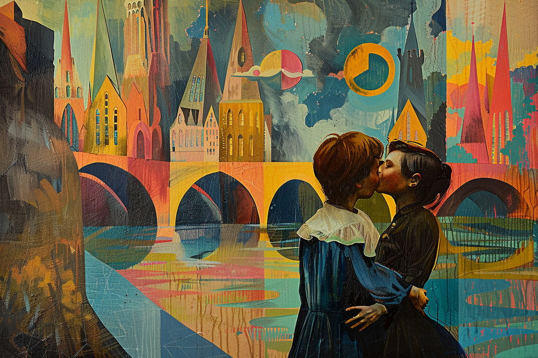 zwei kinder kuessen sich vor bunter stadtlandschaft mit bruecke und tuerme
